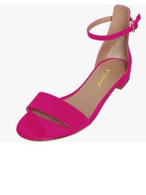 YDN Rose Pink Block Low Heel Sandals Open Toe Ankle Strap Patent Shoes